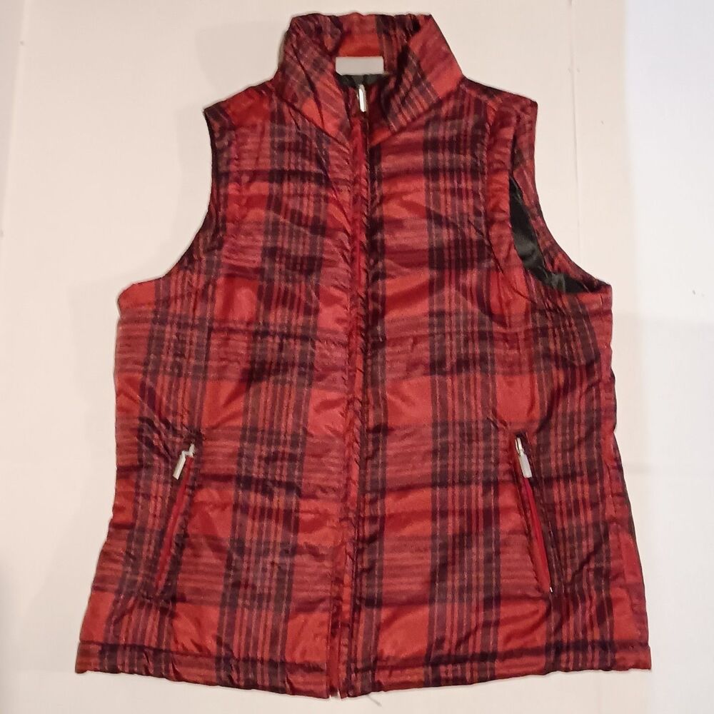 Jane Ashley Quilted Vest-Large-Red Plaid-Full Zip-Pockets-Lined-Classic